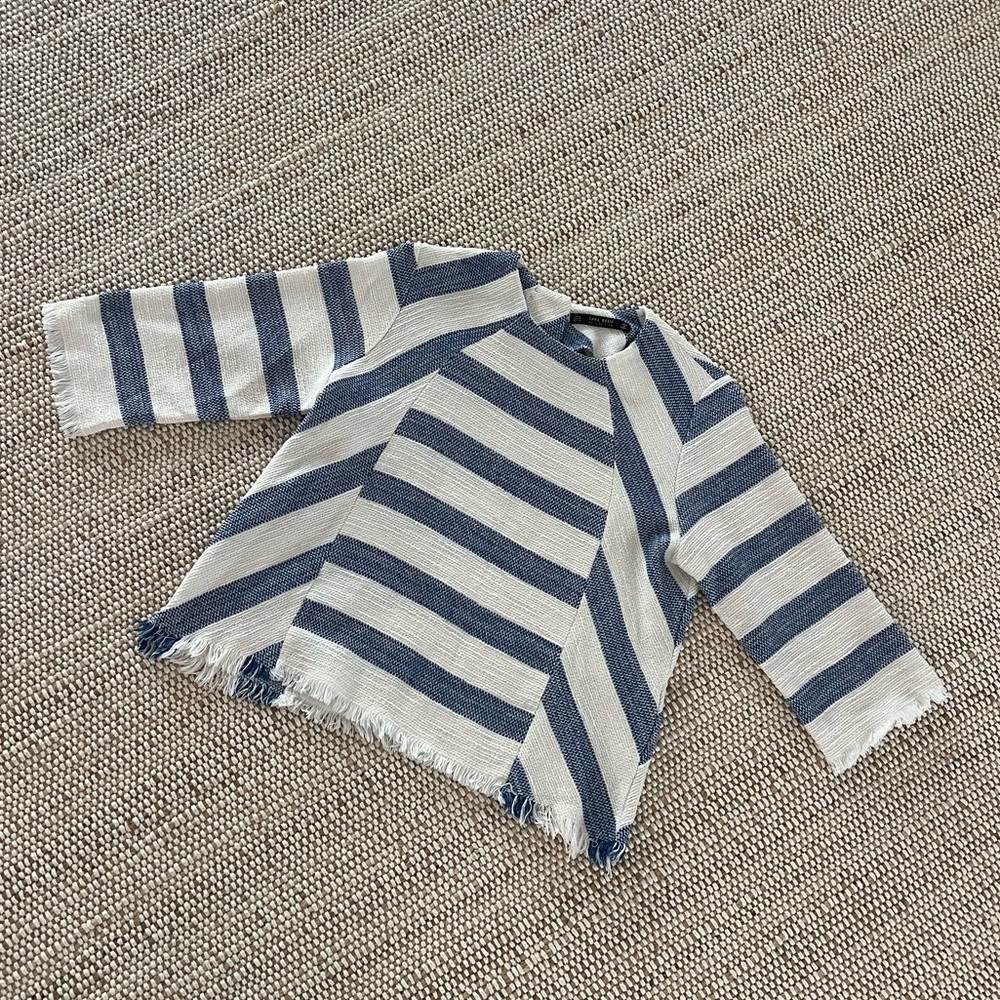Zara Navy and White Striped Frayed Shirt Medium